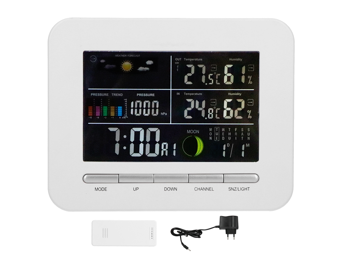 Reloj multifunción con pronóstico del tiempo, termómetro e higrómetro para interiores y exteriores, pantalla LCD, calendario, 220 V, UE