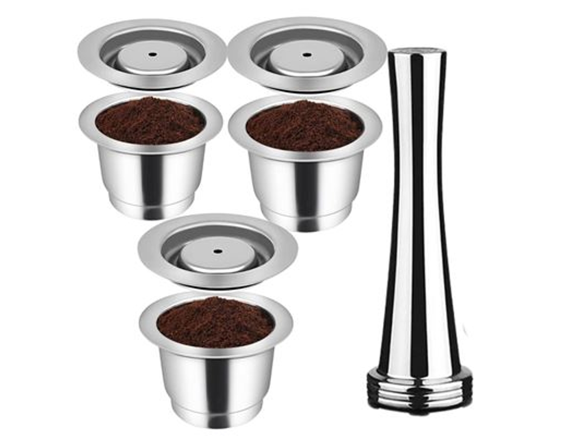 Paquete de 3 cápsulas reutilizables de acero inoxidable con prensador para máquinas Nespresso.