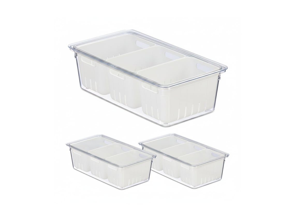 Relaxdays Organizador De Frigorífico, 3 Unidades, Empilhável, 3 Cestos, Organizador De Alimentos, Transparente/branco