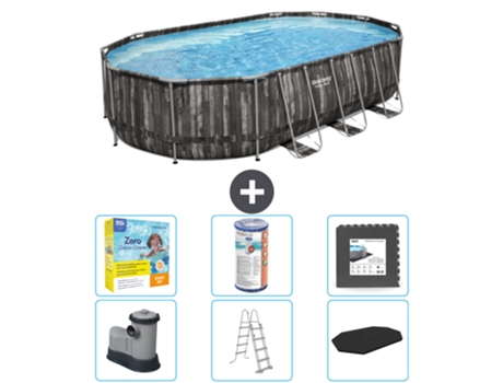Piscina BESTWAY Oval Power Steel - 610 x 366 x 122 - Gris - Incluye bomba - Escalera - Cobertor Paquete de mantenimiento - Filtrar - Baldosas