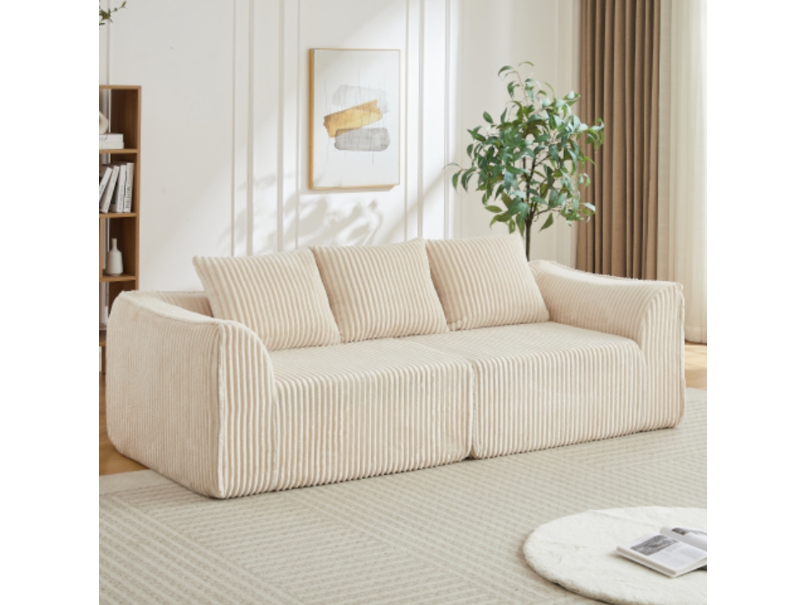 Sofá Minimalista 3 Plazas - Líneas Suaves, Respaldo Inclinado Y 2 Cojines - Beige