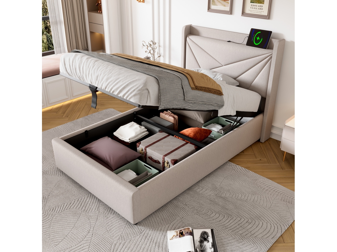 Cama con baúl de 90x200cm en tejido de lino con puerto USB y somier de láminas beige