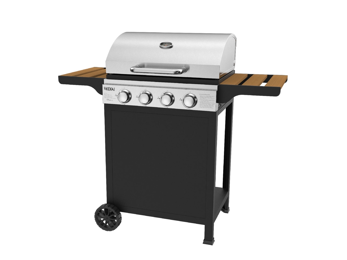 Barbacoa de Gas Portátil KEKAI Fort Peck 118,5x57,5x104,5 cm de 12 kW con 4 Quemadores, Termómetro, Mesas Laterales y Ruedas