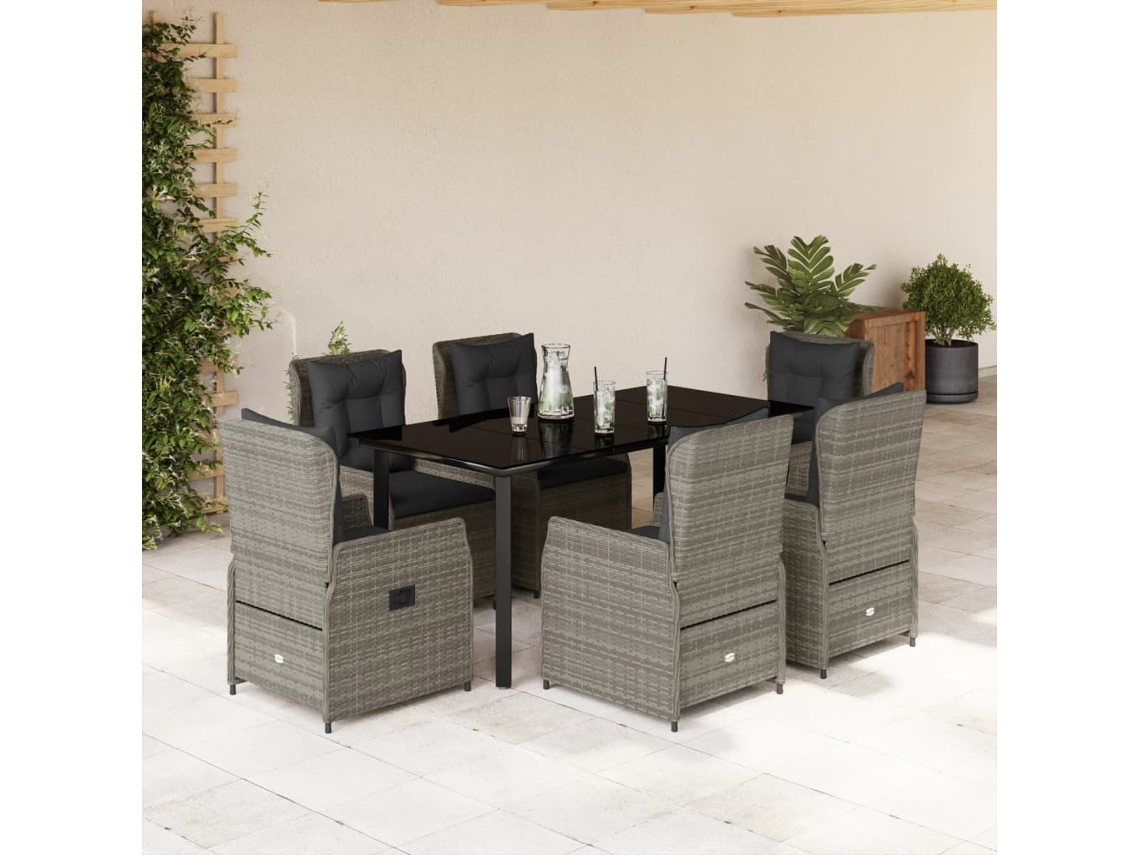Juego de comedor de jardín de 7 piezas con cojines, mimbre gris, DKD Home Decor