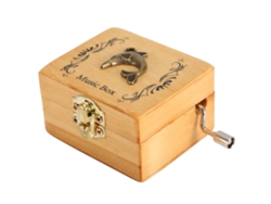 Caja musical de madera antigua con delfín en relieve