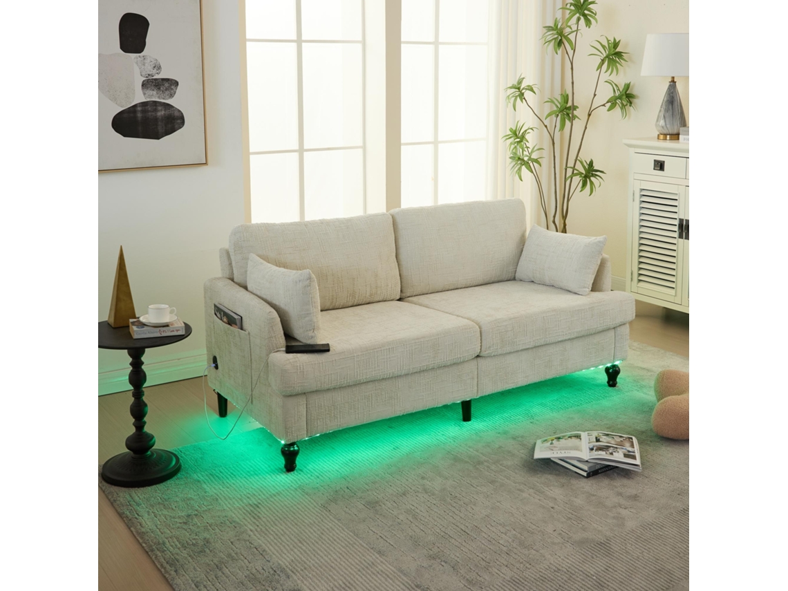 Sofá De 2 Plazas En Felpa, Patas De Madera, Led Ambiental, Puerto Usb, Bolsillo Lateral, Para Salón, Dormitorio U Oficina Moderna.
