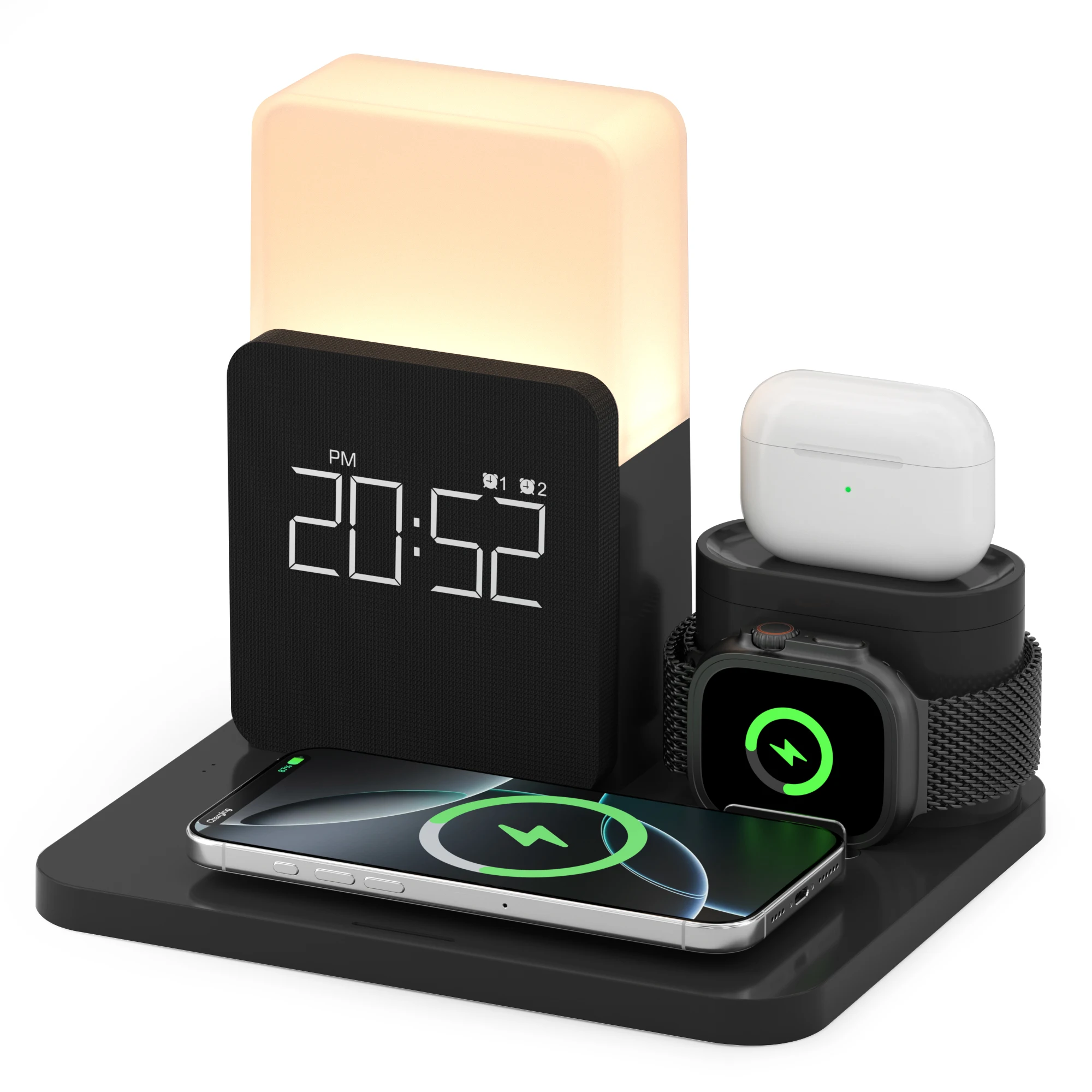 (negro) Reloj Despertador Inalámbrico 3 En 1: Estación De Carga Rápida Y Luz Nocturna Para Dormitorio Con Pantalla Led