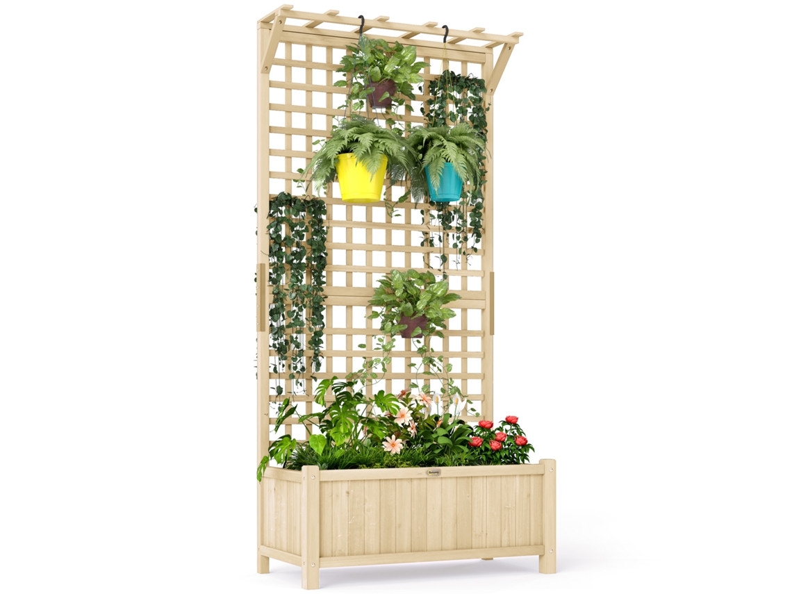 Parterre elevado con celosía y techo, jardinera, madera impermeable, 90 x 45 x 183 cm, madera natural.