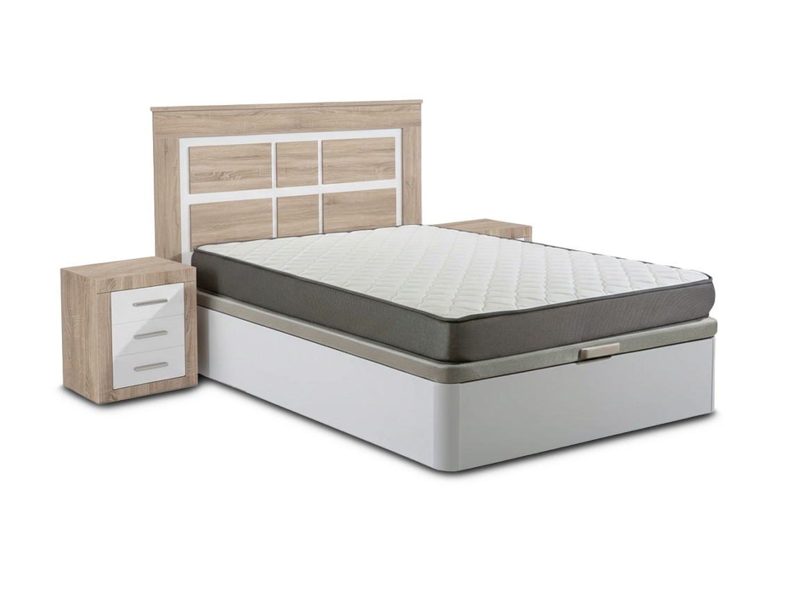 Pack Cama Canape, Blanco, 135cm Colchón Cabecero Y 2 Mesitas De Noche, Cambria Y Blanco