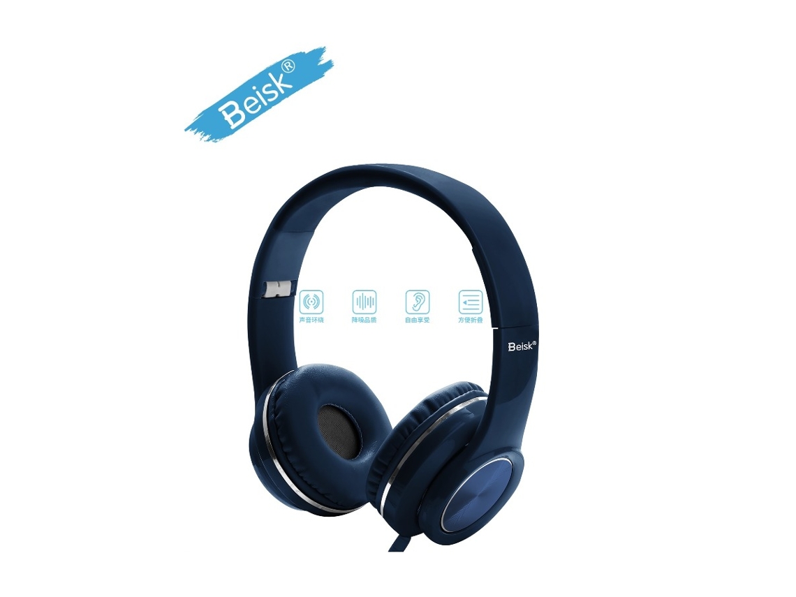 Auriculares supraaurales con cable Beisk Blue | Auriculares plegables con sonido envolvente 3D y cancelación de ruido