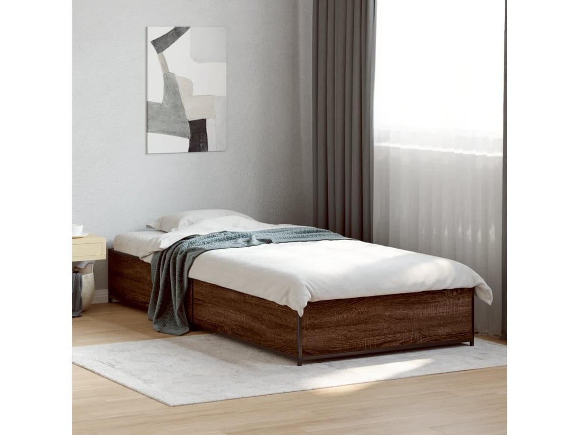 Estructura Cama Madera Ingeniería Metal Marrón Roble 100x200 Cm