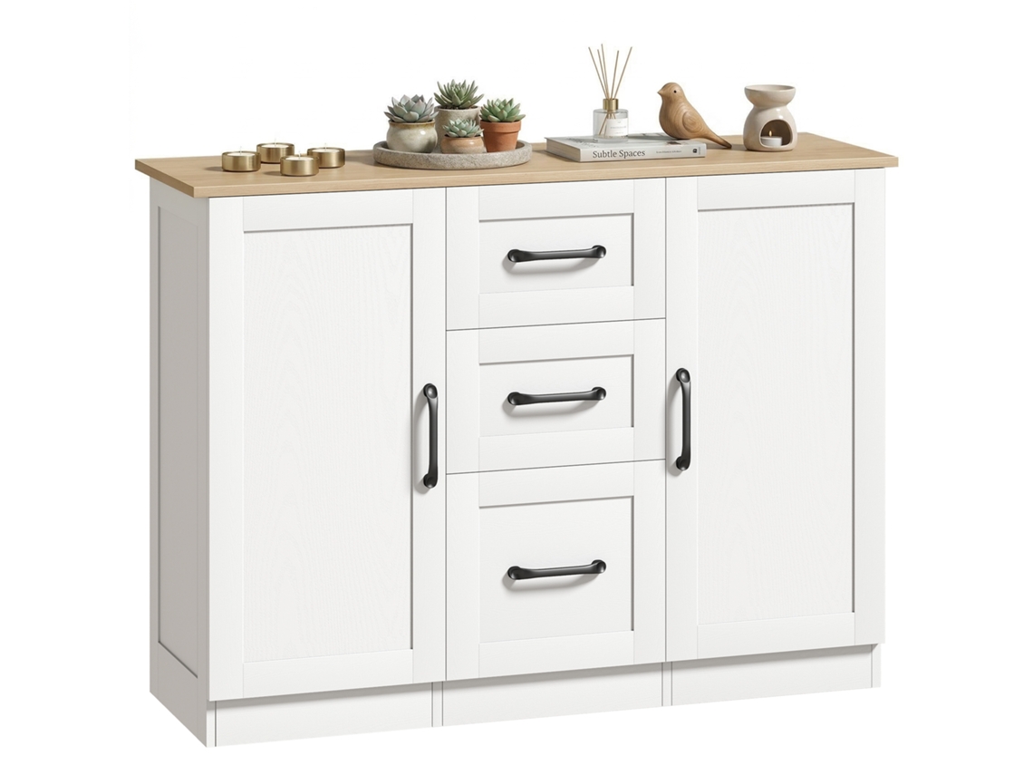 Aparador De Salón, Mueble De Almacenamiento Con 2 Puertas De Cierre Suave Y 3 Cajones, 110x35x80,4 Cm, Blanco Y Madera Natural.