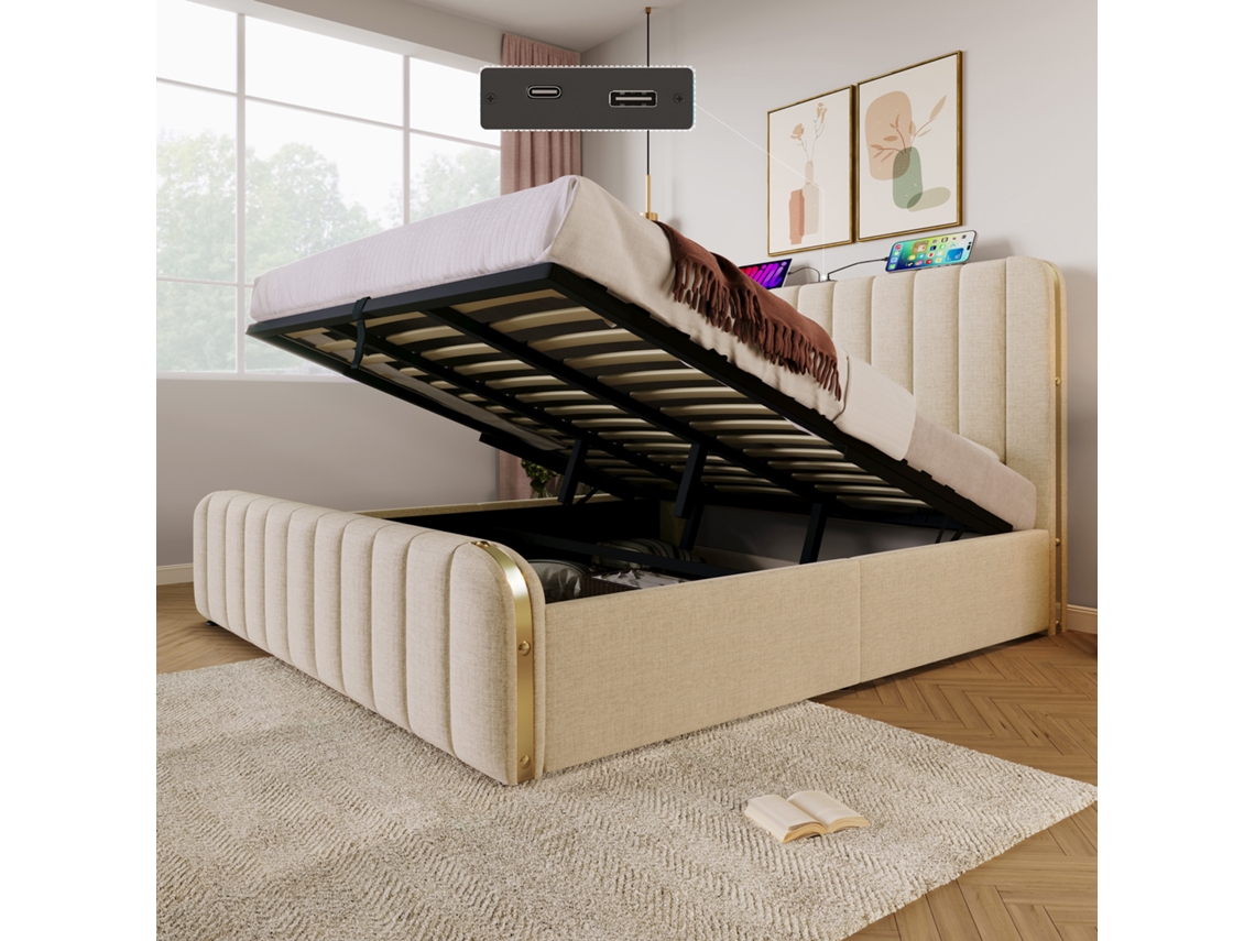 Cama Tapizada De 180x200 Cm, Cama Doble Con Cabecero Dorado, Usb-c, Sistema Hidráulico, Color Beige.