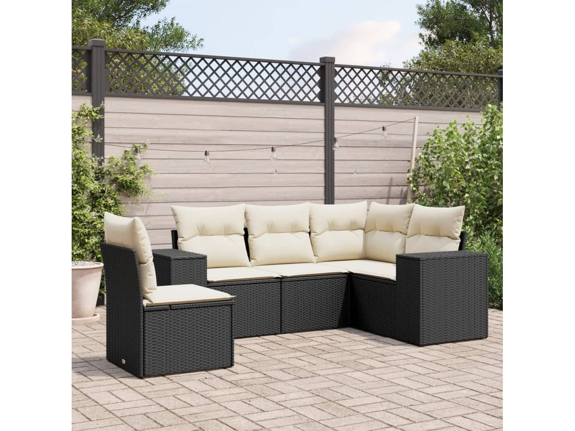 Conjunto de sofá de jardín de 5 piezas con cojines de mimbre sintético negro, Dkd Home Decor