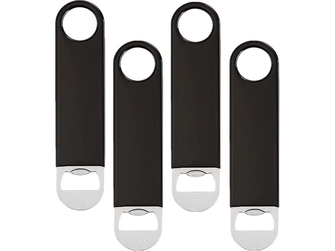 4 abridores de botellas portátiles planos de acero inoxidable para cerveza, refrescos y vino (negros)