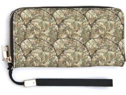 Cartera pequeña de piel con cremallera y estampado de camuflaje. Sin marca.