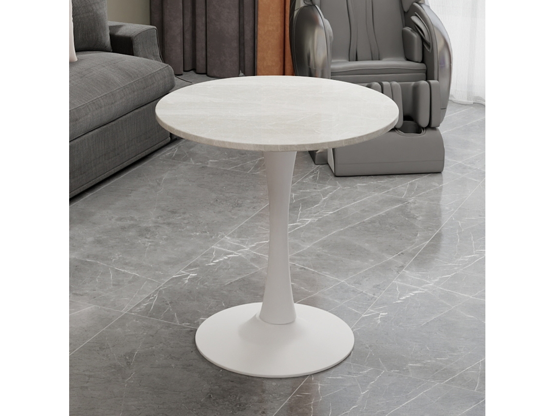 Mesa De Café 70 Cm - Estilo Moderno De Mediados De Siglo, Tablero Redondo De Mármol - Blanco