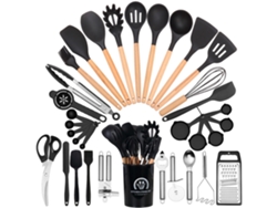 Juego de utensilios de cocina de 34 piezas de silicona resistente al calor con mango de madera - Negro GERTIZ