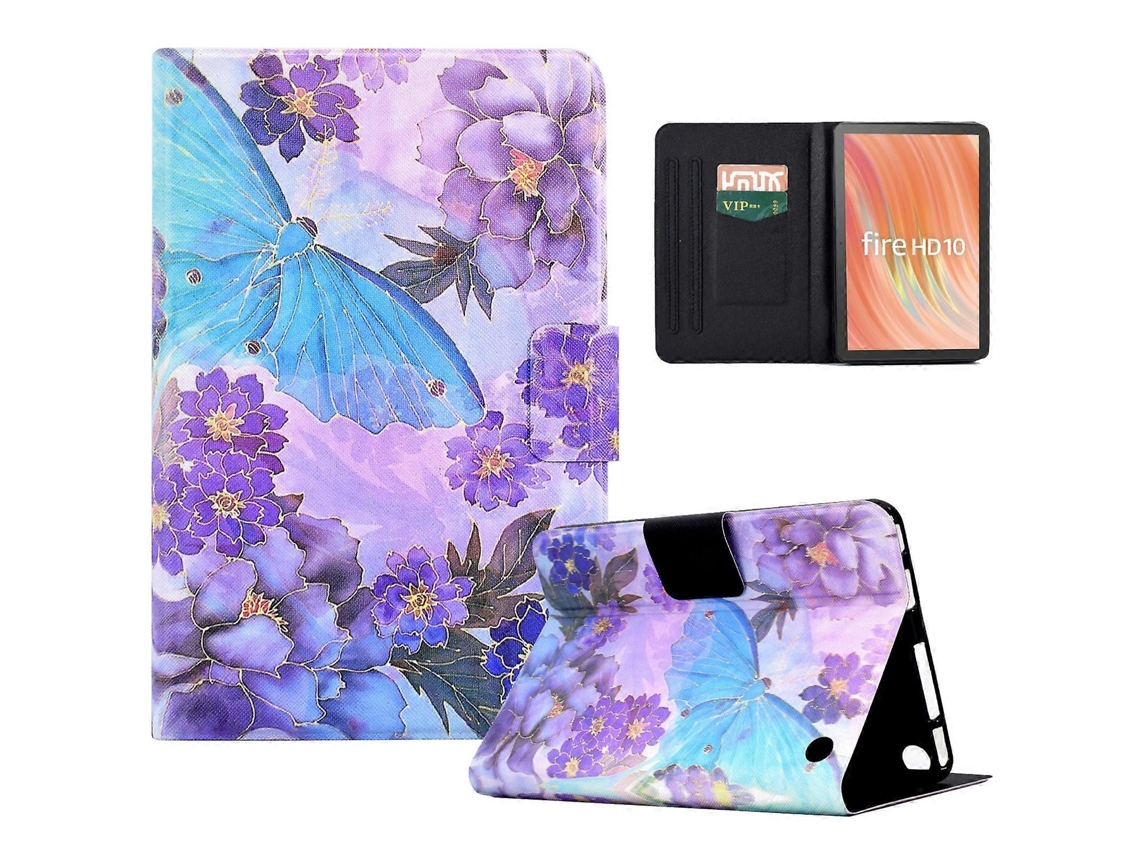 Funda A2 para tableta Amazon Fire HD 10 con estampado de piel sintética y ranuras para tarjetas, diseño de peonías y mariposas Chennnls (2023)