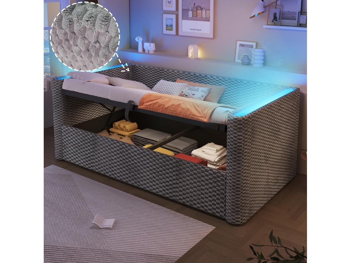 Sofá Cama Individual 90x200 Cm, Led, Almacenamiento Hidráulico, Somier De Láminas, Terciopelo Gris, Colchón No Incluido.
