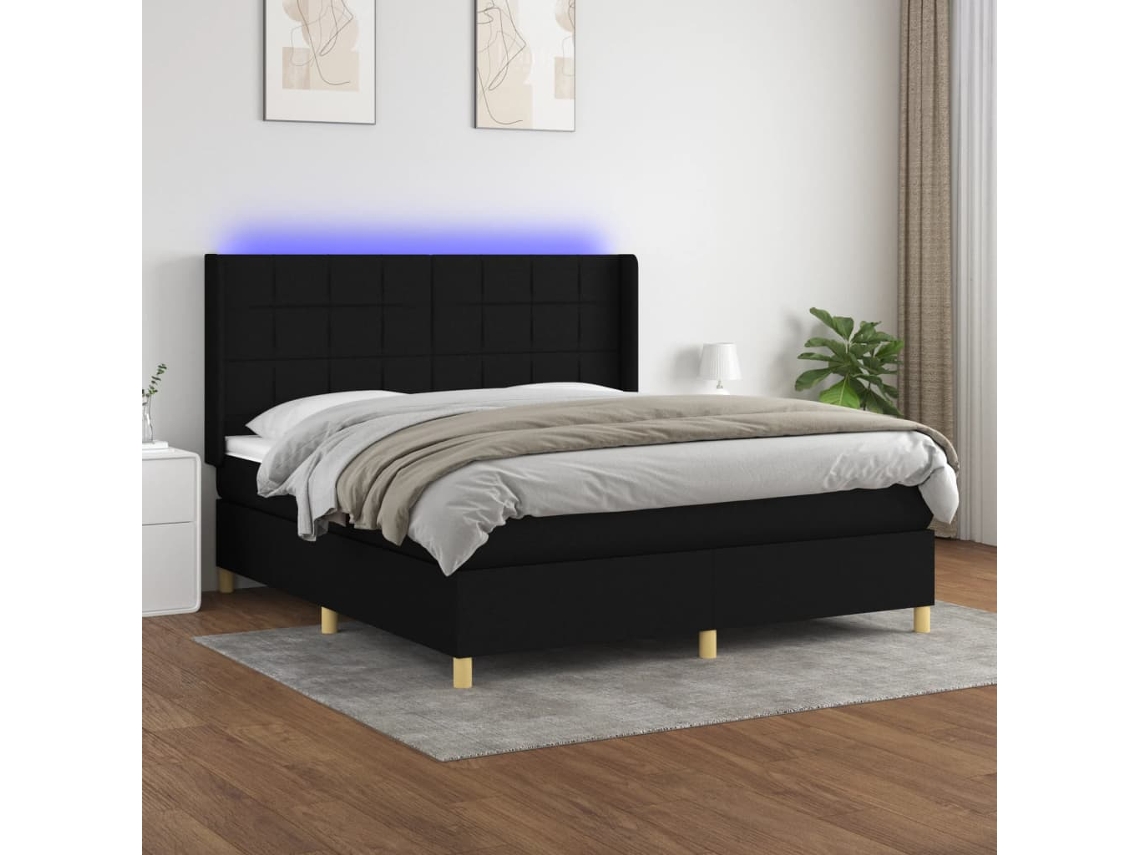Cama Box Spring Colchón Y Luces Led Tela Negro 160x200 Cm