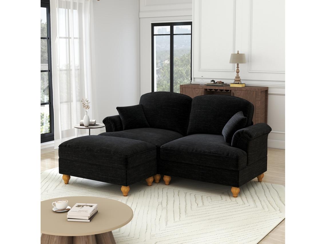 Sofá modular de 2 plazas en forma de L de estilo Mid-Century, tejido de chenilla, brazos cónicos, faldón extraíble, patas torneadas, negro, MOBRIO