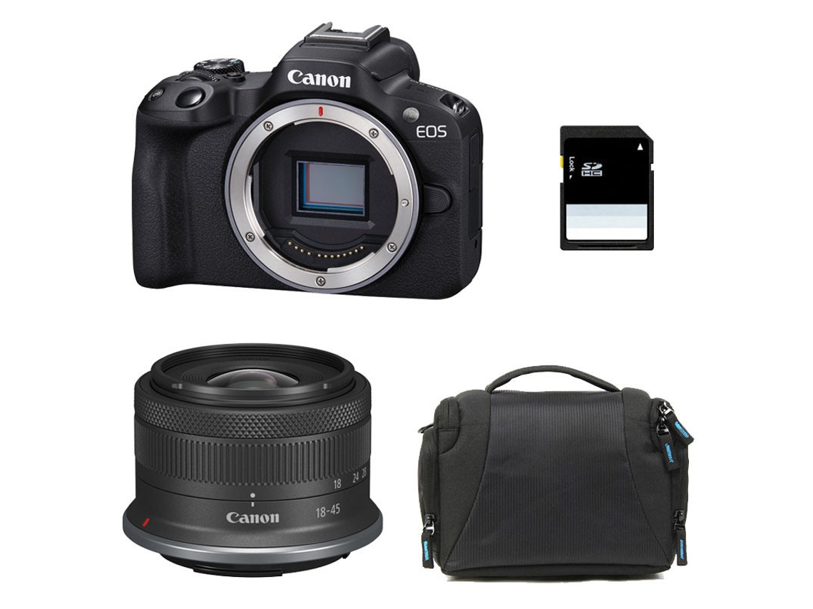 Cámara Canon EOS R50 con lente RF-S 18-45 mm f/4.5-6.3 IS STM, estuche de transporte y tarjeta SD de 8 GB.