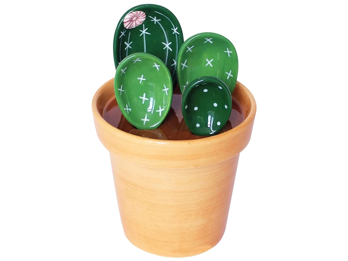 Juego de 2 cucharas soperas de porcelana con base, con un bonito diseño en forma de cactus, ideales para cocinar en casa.
