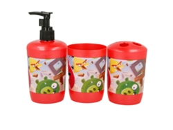 Juego de baño Inny de 3 piezas con dispensador de jabón y vaso rojo.