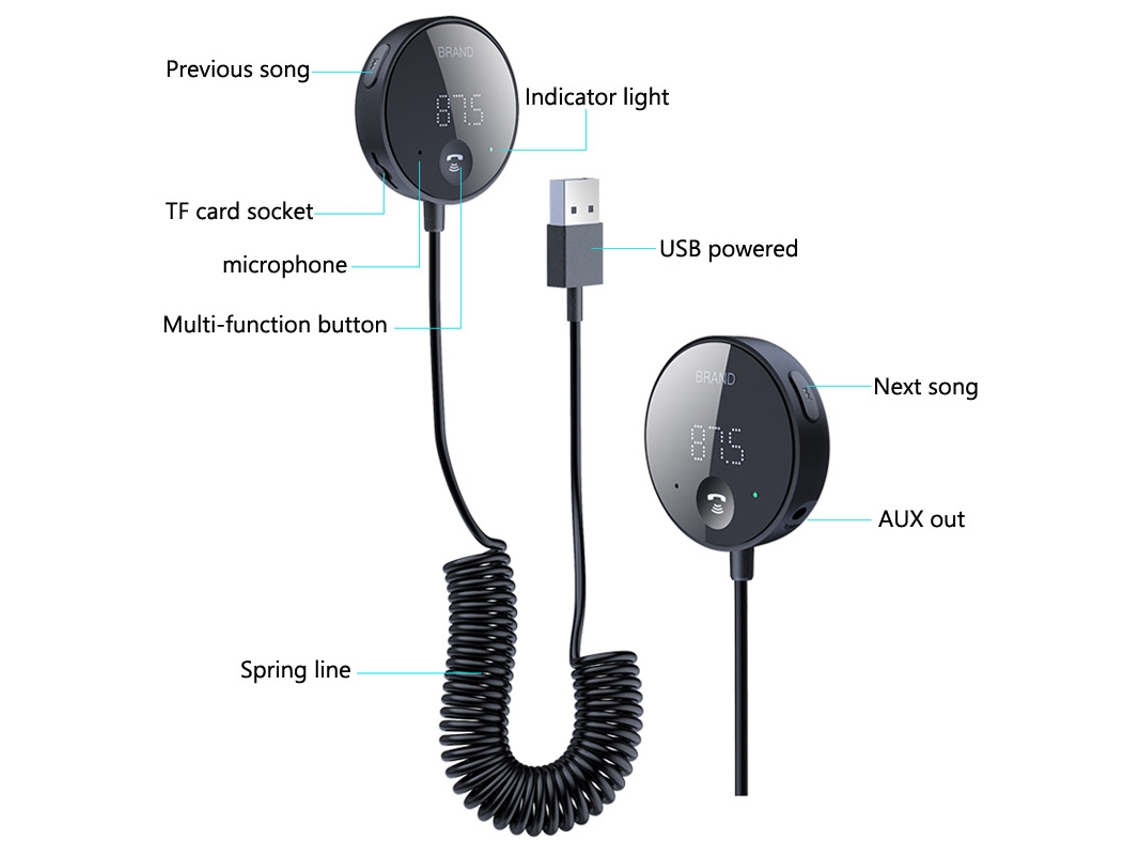Transmisor y receptor Bluetooth 5,0 FM, manos libres, llamada de Audio  estéreo, AUX, Jack de