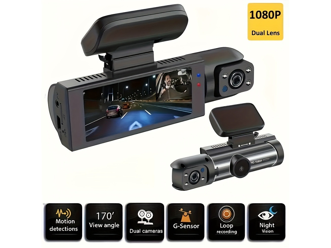 Grabadora de conducción/cámara para vehículos con grabación dual 1080p, sensor de gravedad y modo gafas.