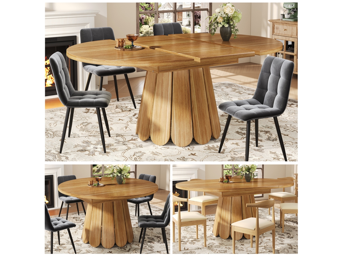 Mesa Redonda Ovalada Extensible De 118-158 Cm, Color Marrón, 6 Piezas.