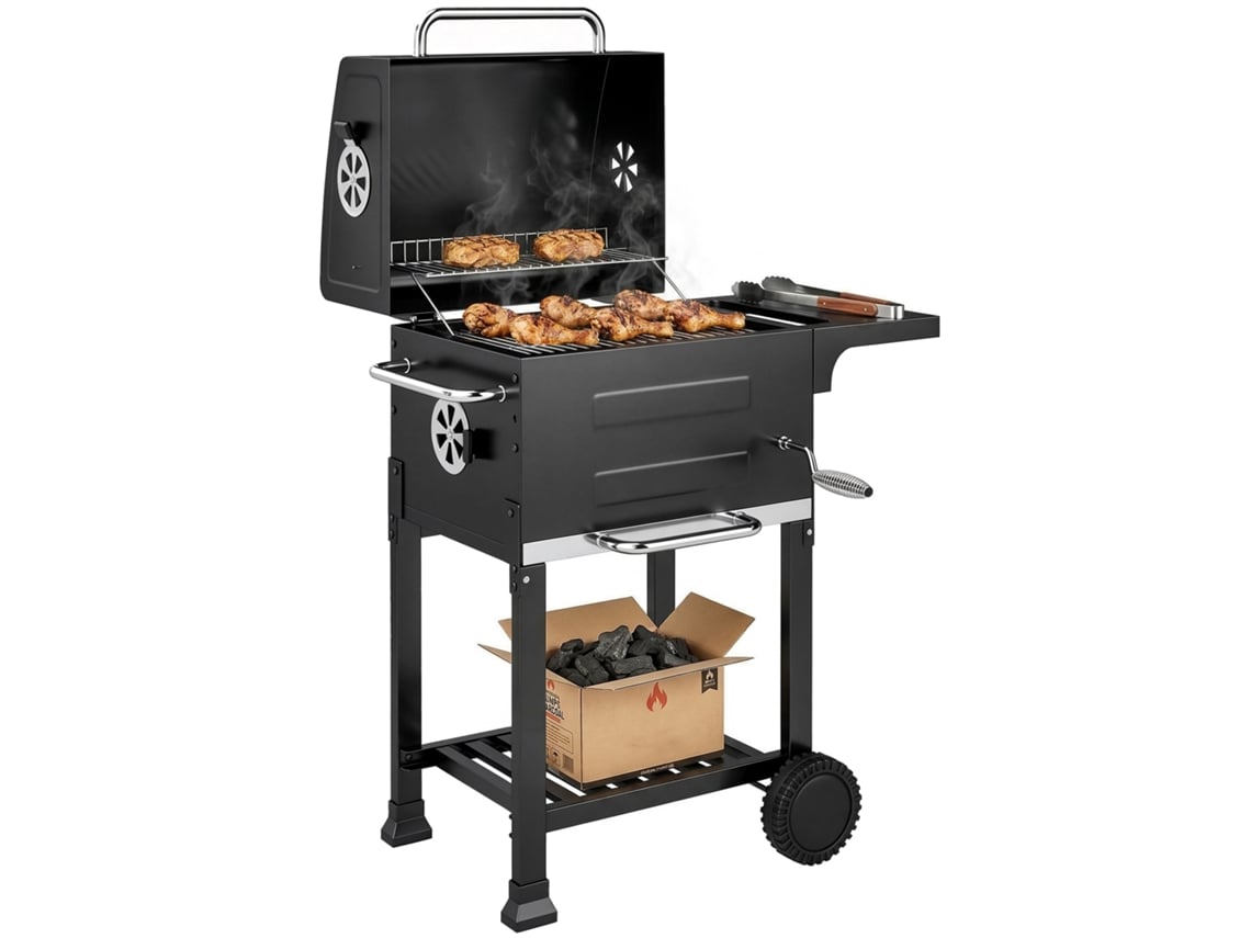 Carro Compacto Para Parrilla De Carbón Con Tapa, Termómetro, Rejilla, Mesa Auxiliar, Cenicero Y Ranuras De Ventilación.