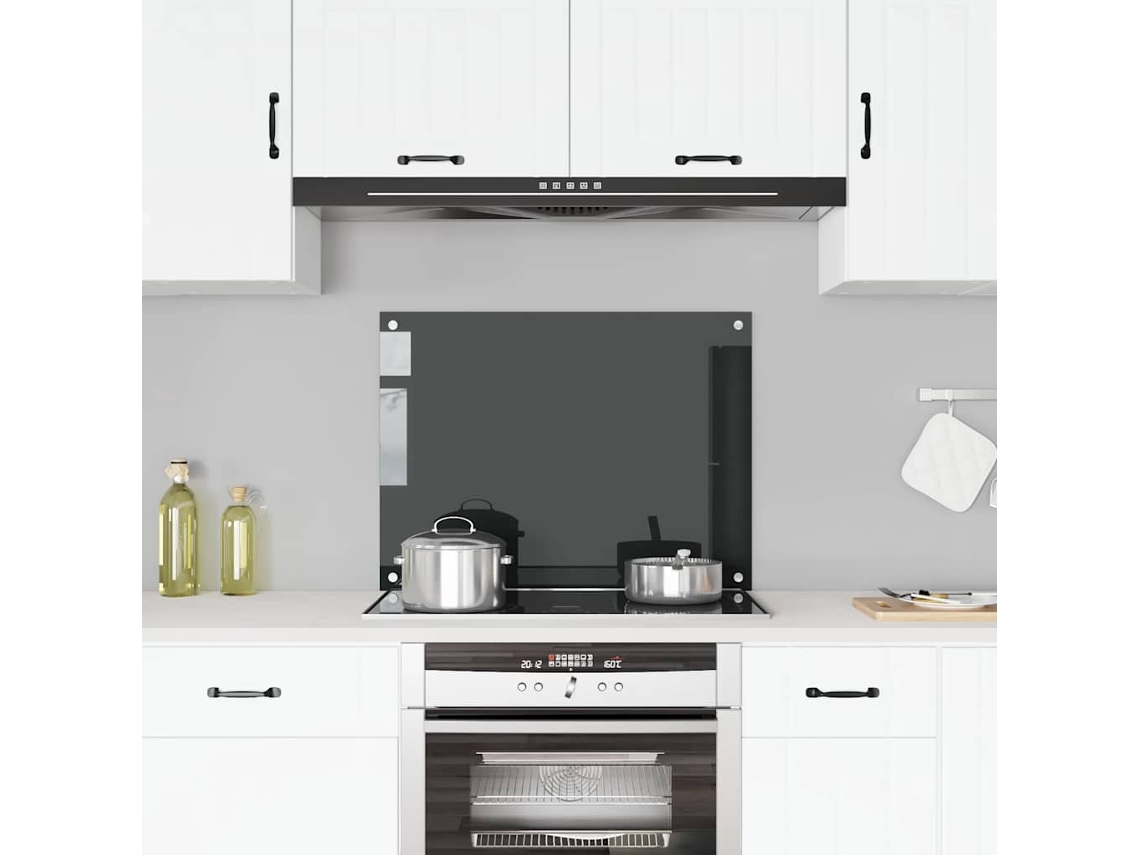 Panel protector antisalpicaduras para cocina de 80x60 cm, cristal templado negro.