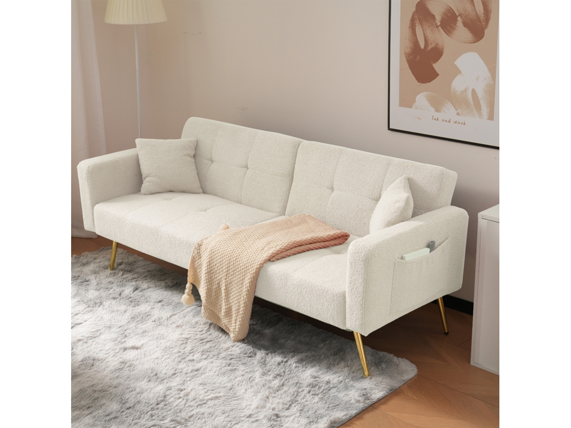 Sofá Cama Recto En Tela Sherpa, Respaldo Ajustable, Bolsillos Laterales, Patas Doradas, 175 X 64 X 72 Cm, Negro