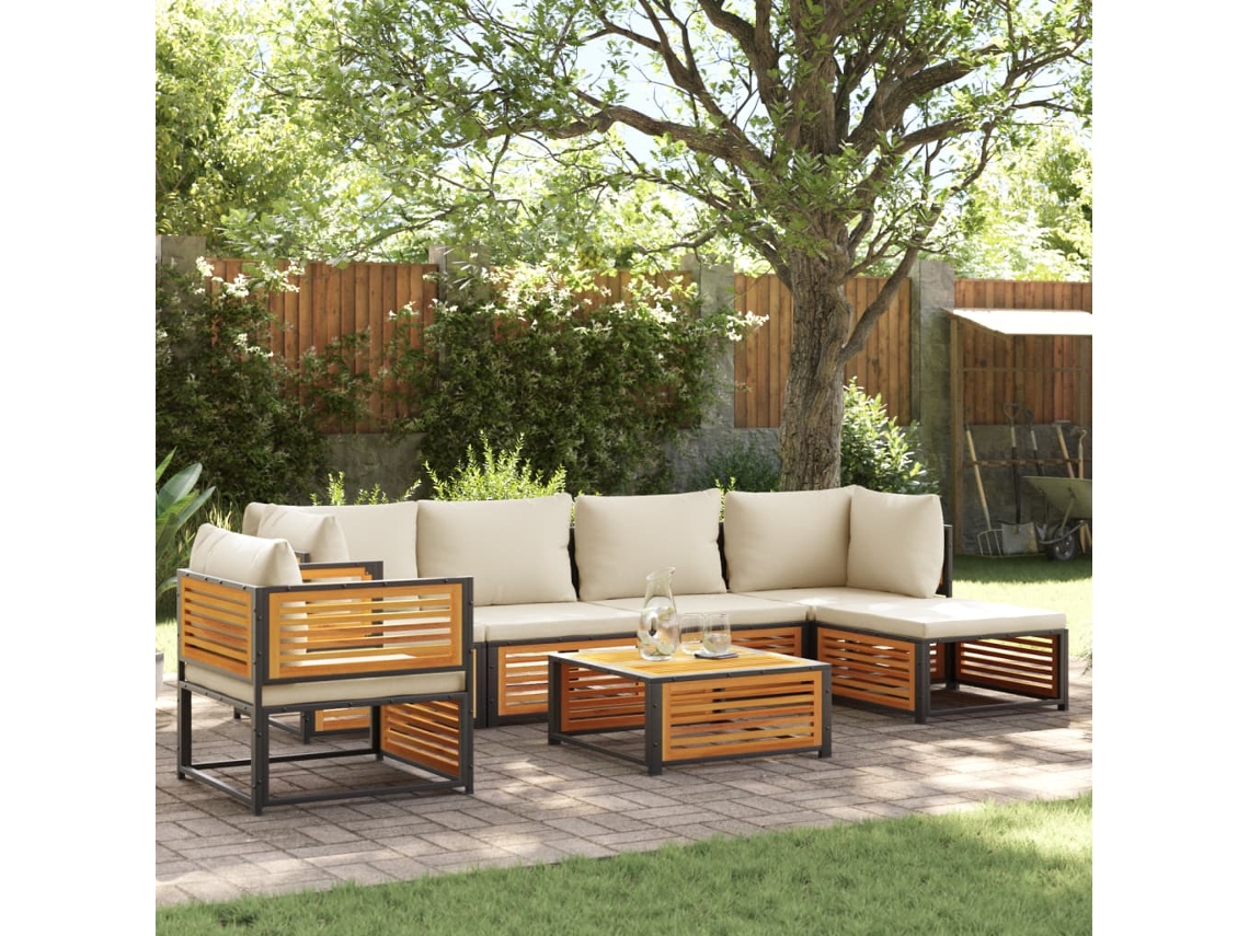 Conjunto de sofá de jardín de 7 piezas con cojines, madera maciza de acacia, DKD Home Decor