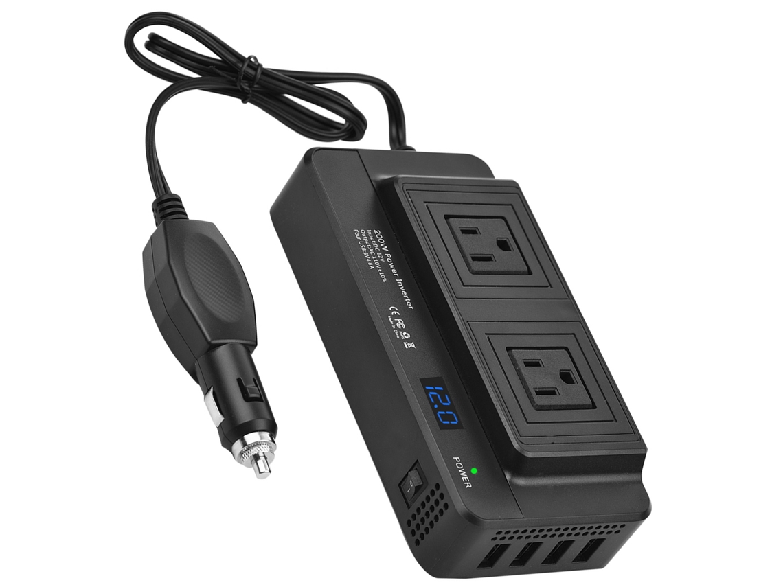 Inversor De Corriente Para Coche 200w Dc 12v A Ac 110v Con Pantalla Digital 2 Salidas Ac 4 Puertos Usb Protección Segura