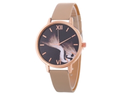 Reloj De Pulsera De Cuarzo Para Mujer Con Correa De Piel Sintética, Estilo Sencillo, Esfera Redonda Beige.