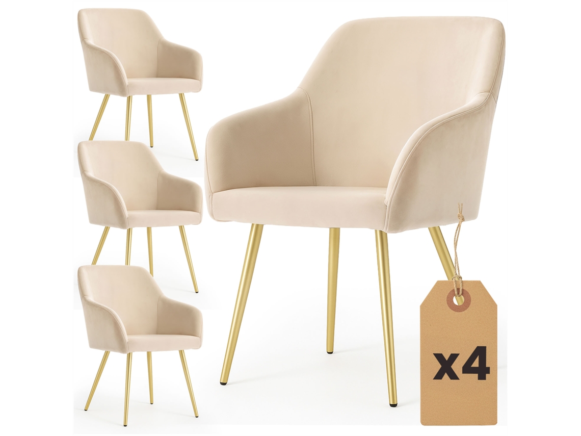 Juego De 4 Sillas En Terciopelo Liso Estelle Beige Patas Doradas