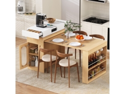 Isla De Cocina Con Ruedas, Mesa De Comedor Extensible Con Tapa Abatible, Mesa Bar Con Tomas De Corriente Y Ganchos.