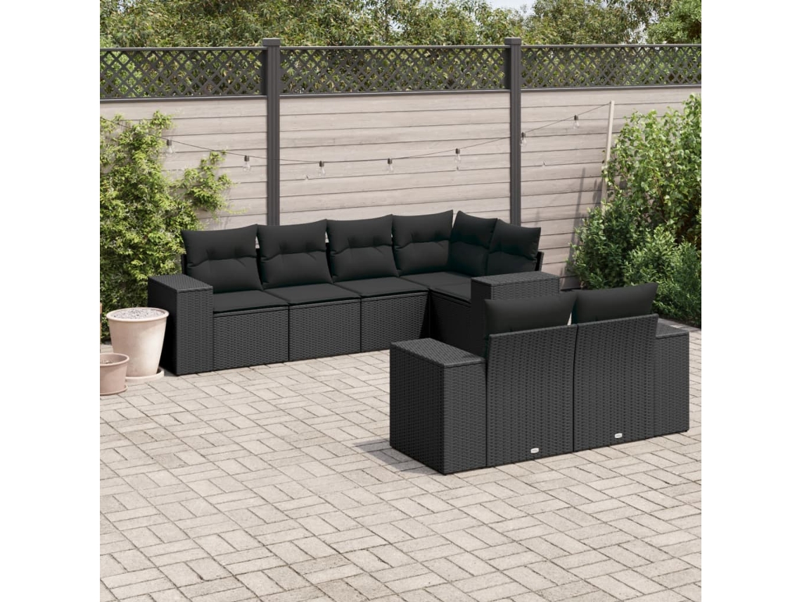 Conjunto de sofá de jardín de 7 piezas con cojines, ratán negro, Dkd Home Decor