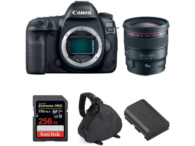 Kit Cámara Reflex CANON EOS 5D Mark IV + EF 24mm f/1.4L II USM + SanDisk 256 GB + Batería + Bolsa (Full-Frame)