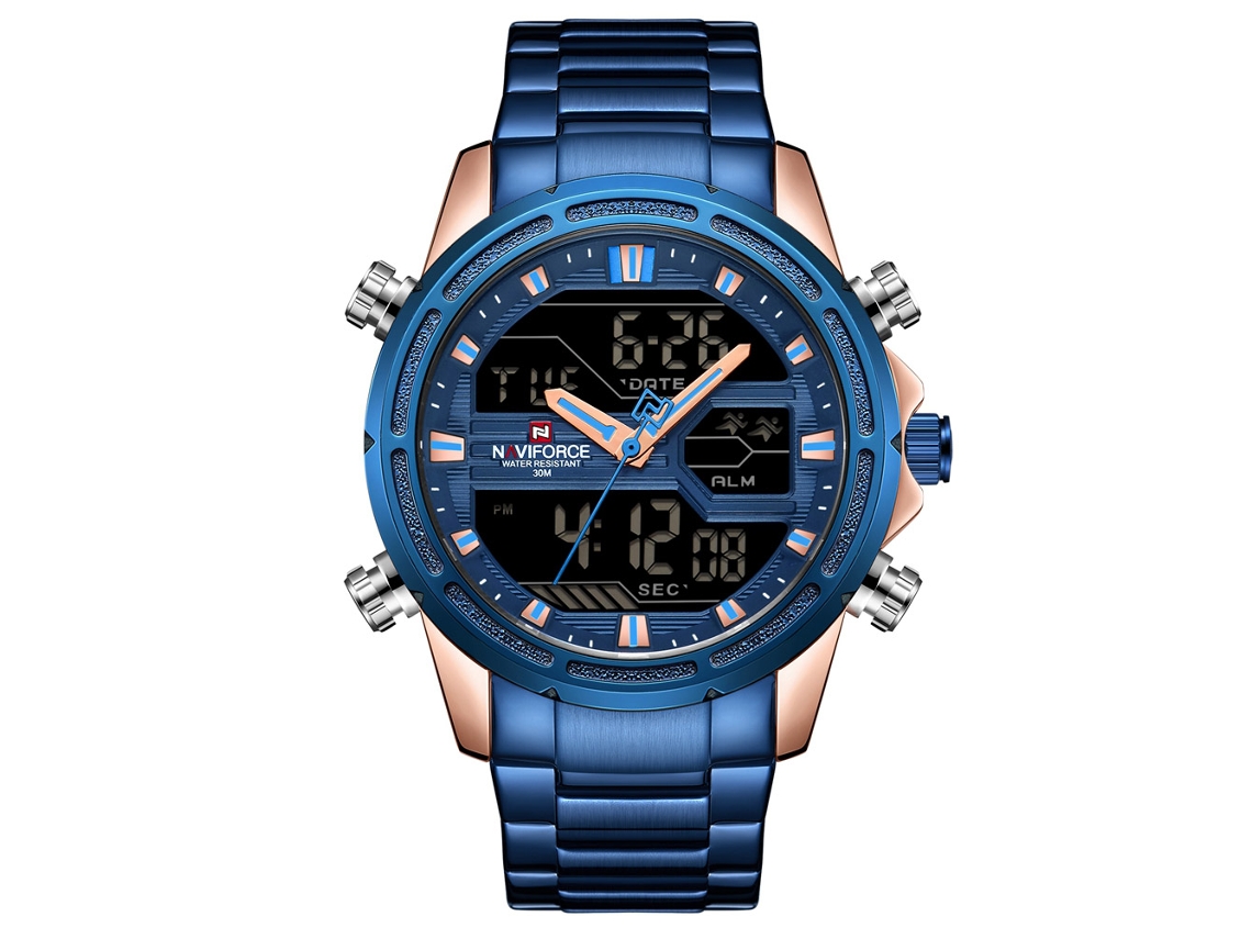 Reloj De Hombre De Acero Inoxidable Resistente Al Agua Con Movimiento Electrónico, Caja De Oro Rosa, Azul