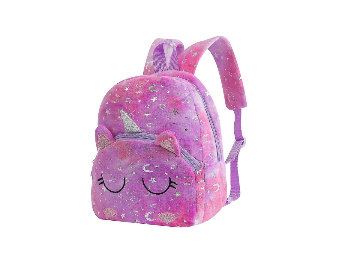 Mochila escolar infantil creativa con estampado animal, ergonómica, de suave tela de felpa, para niñas a partir de 3 años, morada.