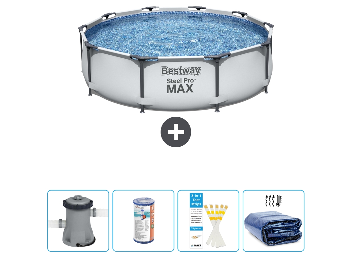Piscina BESTWAY Round Steel Pro MAX - 305 x 76 cm - Gris - Bomba incluida Filtrar - Tiras de prueba - Vela solar