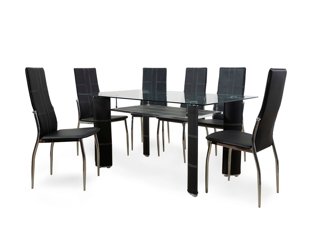 Mesa de Cristal Templado 6 Sillas en Polipiel/Metal Negro 150x90 cm