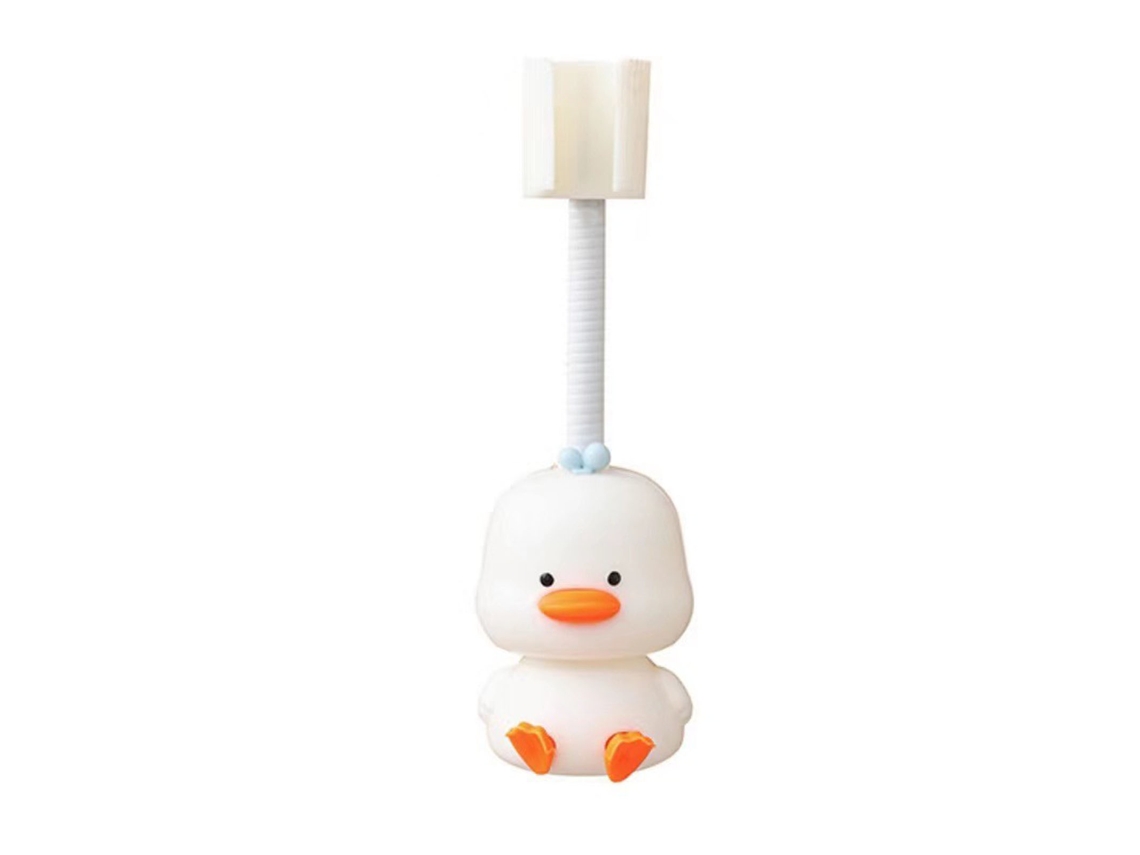 Bonito soporte para cabezal de ducha de pared de plástico flexible, adhesivo, ajustable, sin necesidad de taladrar, con forma de patito blanco de dibujos animados.