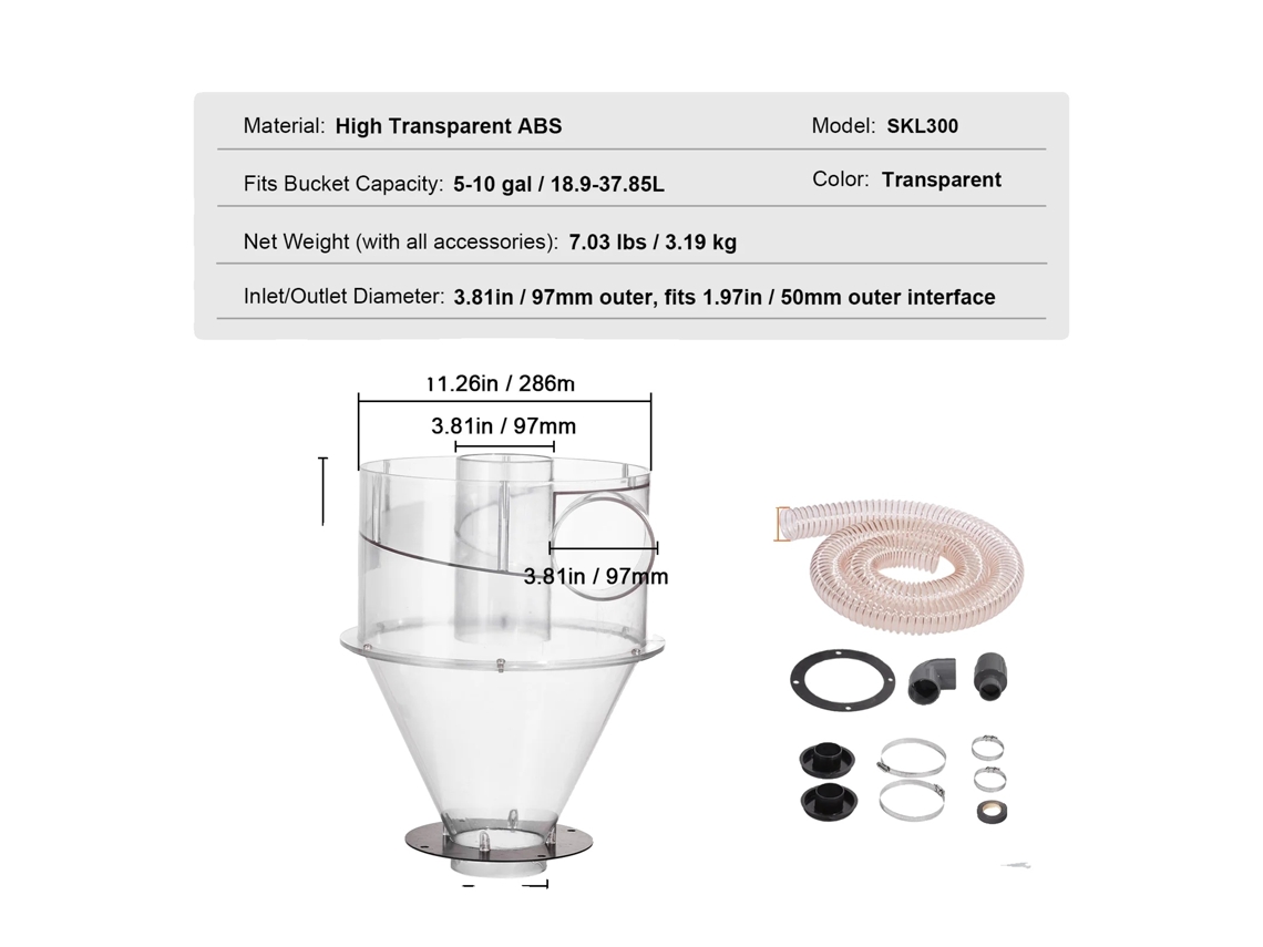 Separador de polvo ciclónico Vevor, ABS de alta transparencia, compatible con cubos de 5 a 10 galones, OEM de 4 pulgadas