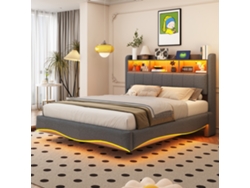 Cama Suspendida Tapizada En Lino, 140x200 Cm, Led Usb-c, Gris.