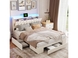 Cama Doble 160x200 Cama Con Cajones De Almacenamiento Moderna Cama Para Adulto De Terciopelo Beige Con Luce Led Rgb Usb Tipo-c Cama De Almacenamiento